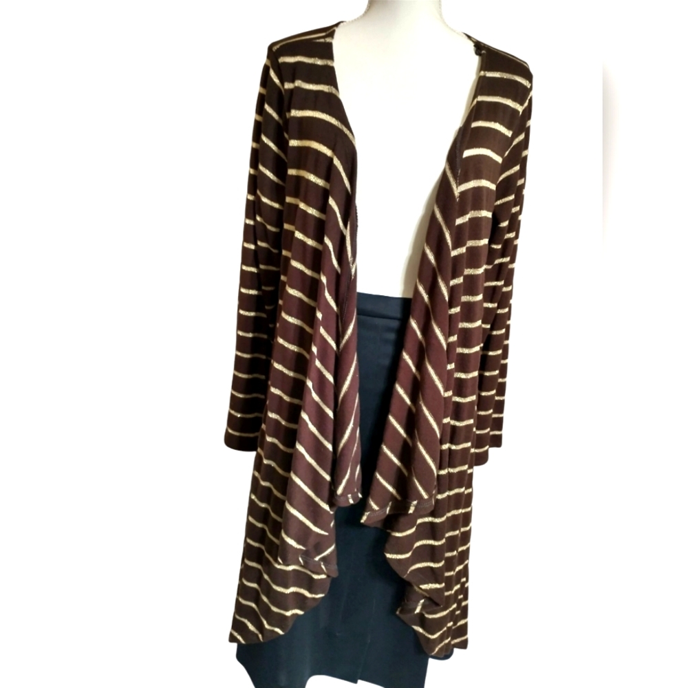 Brown & Gold Striped Open Front Cardigan